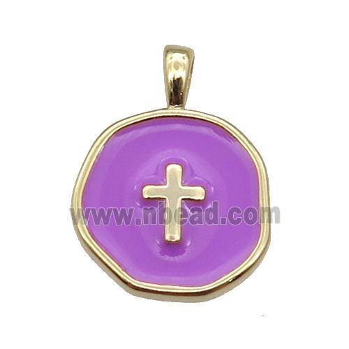 copper Circle pendant with purple enamel, cross, gold plated
