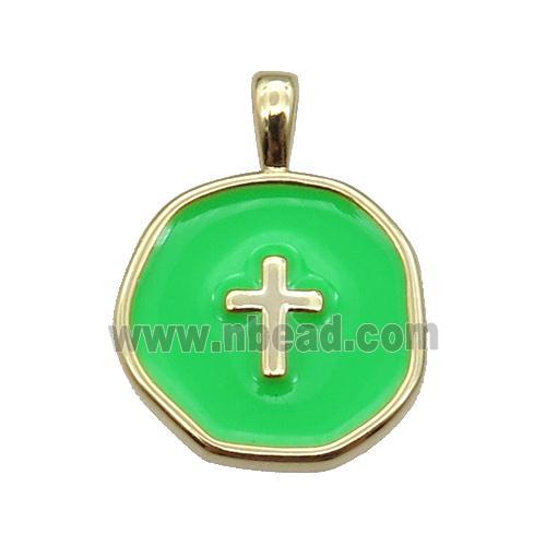 copper Circle pendant with green enamel, cross, gold plated