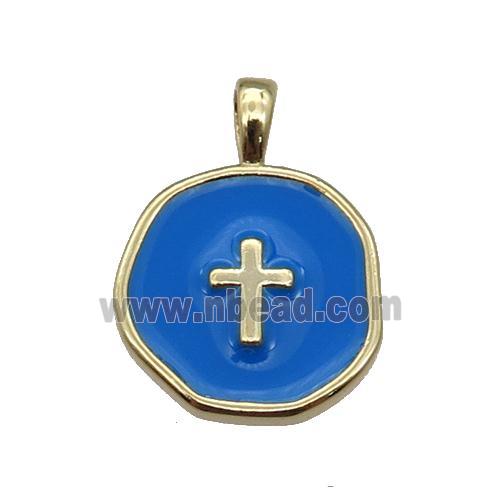 copper Circle pendant with blue enamel, cross, gold plated