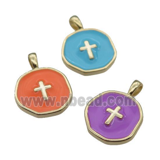 copper Circle pendant with enamel, cross, gold plated, mixed
