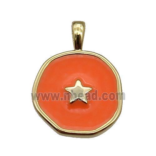 copper Circle pendant with orange enamel, star, gold plated
