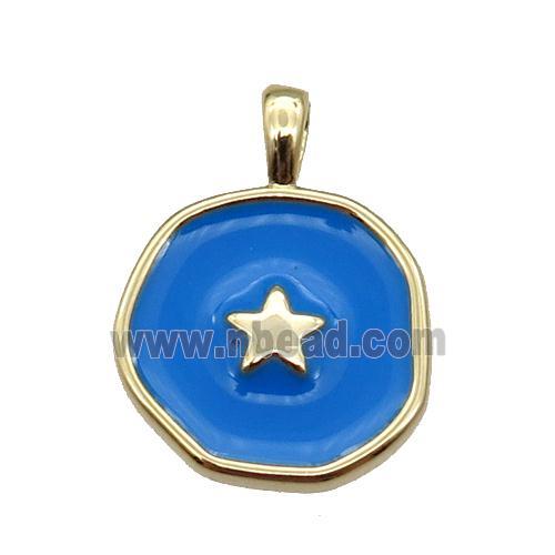 copper Circle pendant with blue enamel, star, gold plated