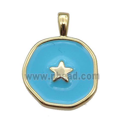 copper Circle pendant with teal enamel, star, gold plated