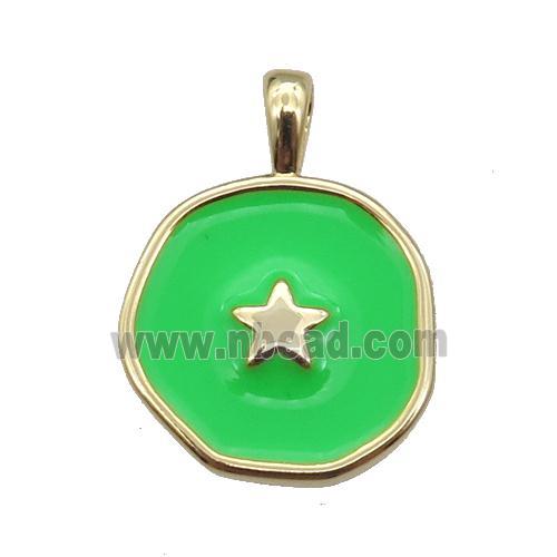 copper Circle pendant with green enamel, star, gold plated