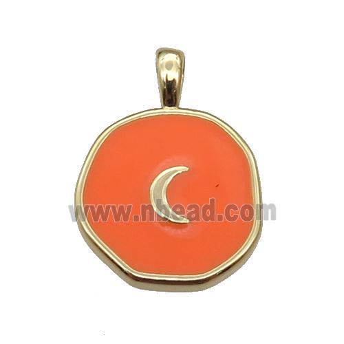 copper Circle pendant with orange enamel, moon, gold plated