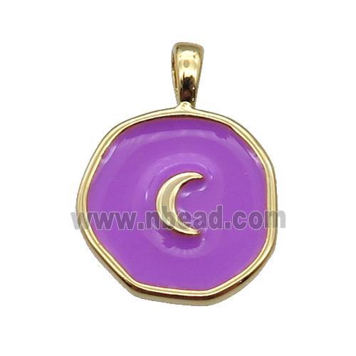 copper Circle pendant with purple enamel, moon, gold plated