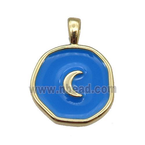 copper Circle pendant with blue enamel, moon, gold plated