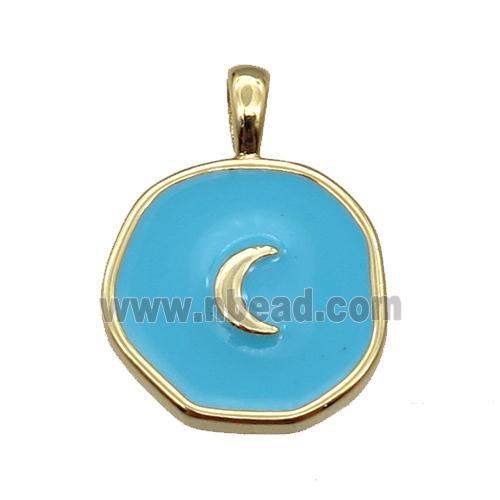 copper Circle pendant with teal enamel, moon, gold plated