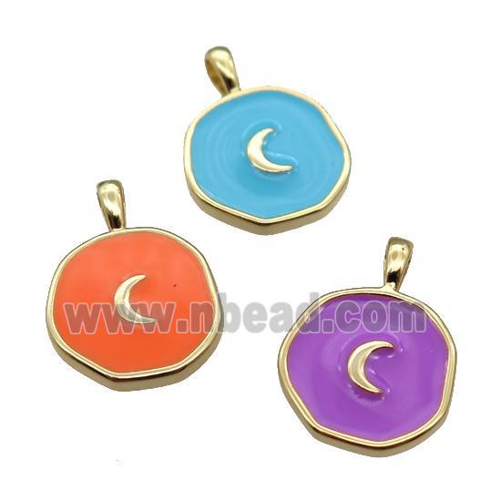 copper Circle pendant with enamel, moon, gold plated, mixed