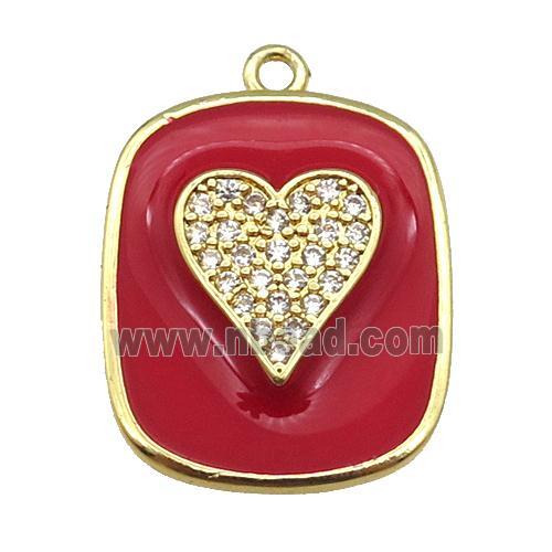 copper Rectangle paved zircon with red enamel, heart, gold plated