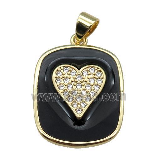 copper Rectangle paved zircon with black enamel, heart, gold plated