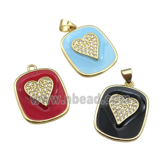 copper Rectangle paved zircon with enamel, heart, gold plated, mixed