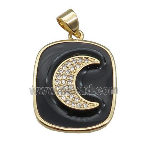 copper Rectangle paved zircon with black enamel, moon, gold plated