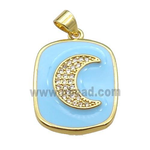 copper Rectangle paved zircon with lt.blue enamel, moon, gold plated