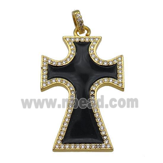 copper Cross pendant paved zircon with black enamel, gold plated