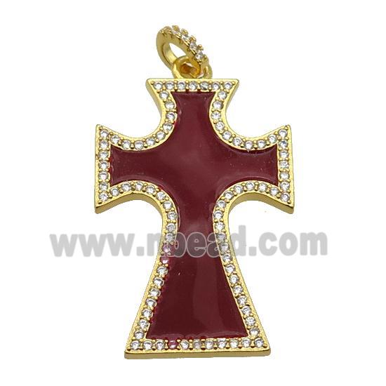 copper Cross pendant paved zircon with red enamel, gold plated