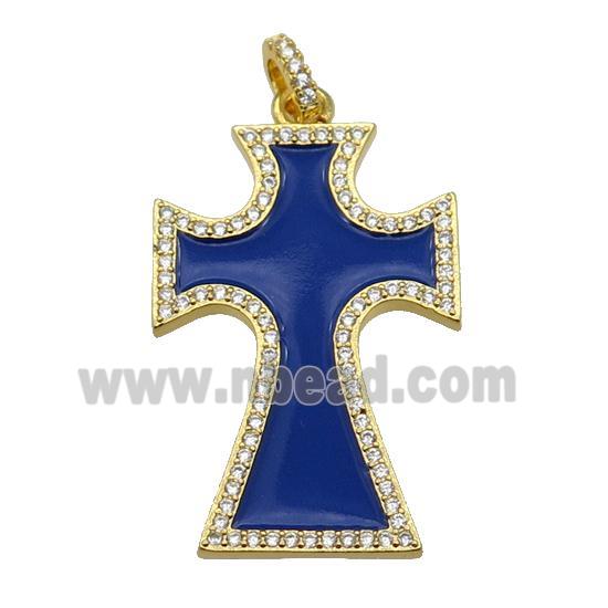 copper Cross pendant paved zircon with blue enamel, gold plated