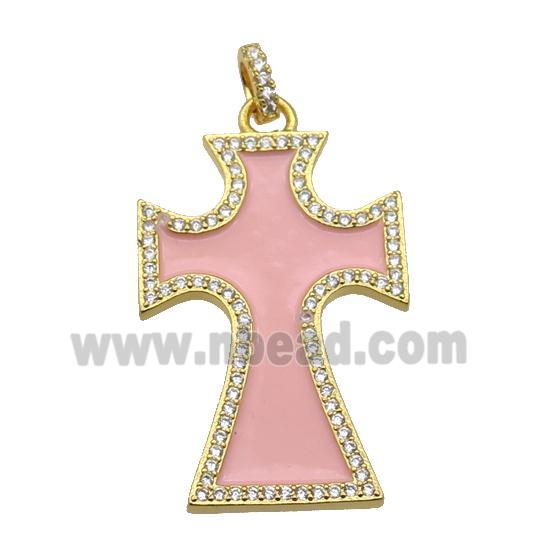 copper Cross pendant paved zircon with pink enamel, gold plated