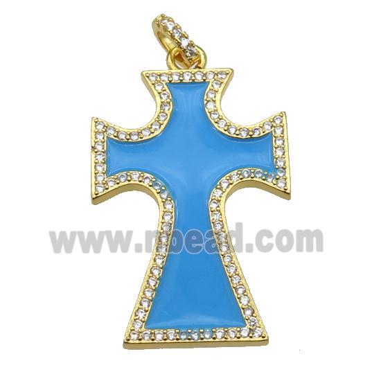 copper Cross pendant paved zircon with lt.blue enamel, gold plated