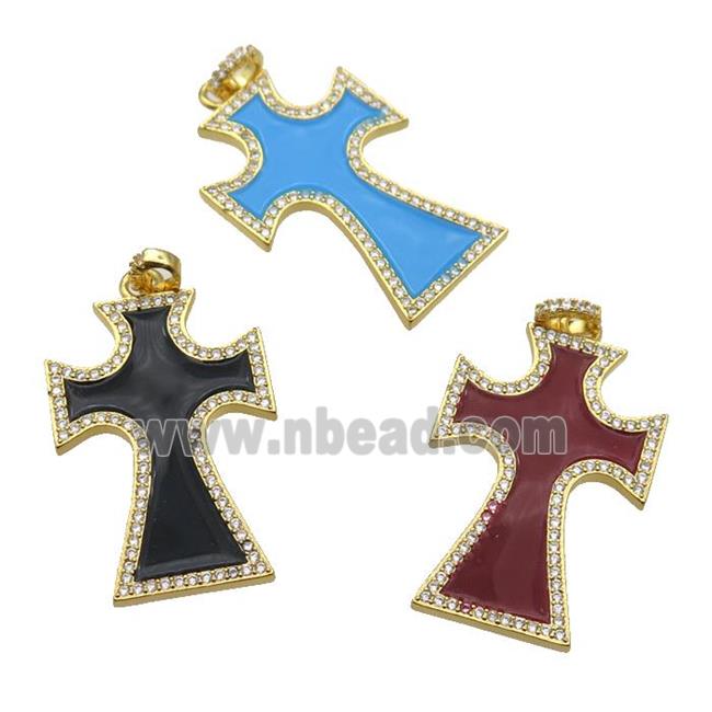 copper Cross pendant paved zircon with enamel, gold plated, mixed