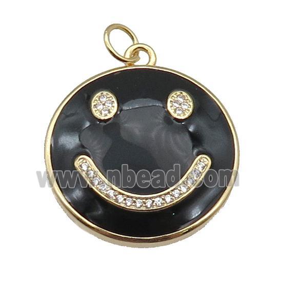 copper Emoji pendant paved zircon with black enamel, happiness face, gold plated