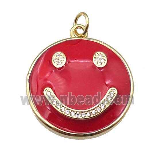 copper Emoji pendant paved zircon with red enamel, happiness face, gold plated