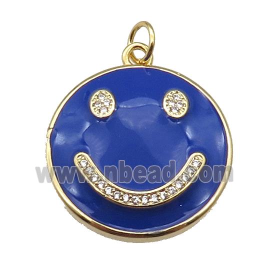 copper Emoji pendant paved zircon with blue enamel, happiness face, gold plated