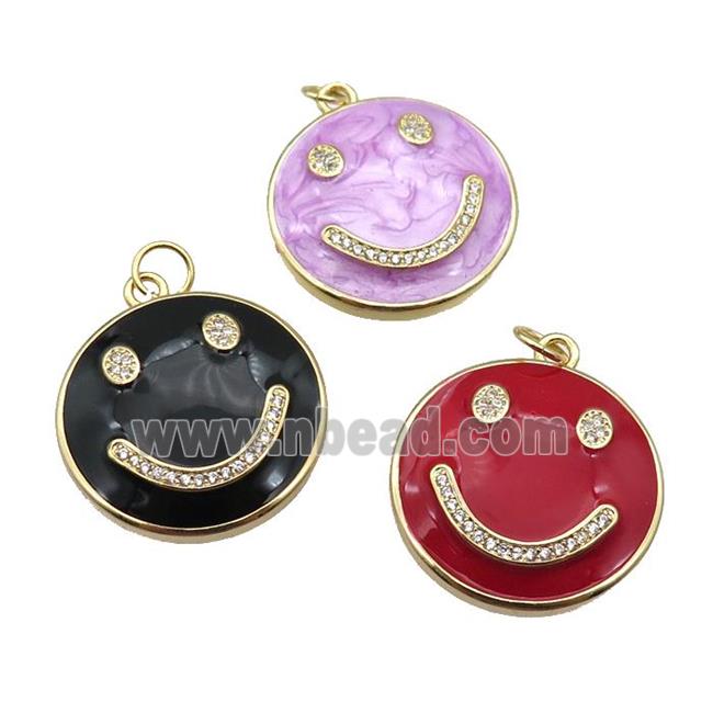 copper Emoji pendant paved zircon with enamel, happiness face, gold plated, mixed