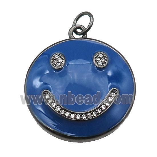 copper Emoji pendant paved zircon with royalblue enamel, happiness face, black plated