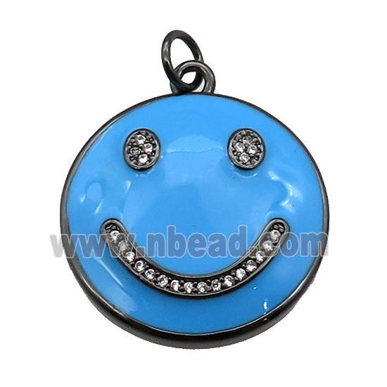 copper Emoji pendant paved zircon with blue enamel, happiness face, black plated