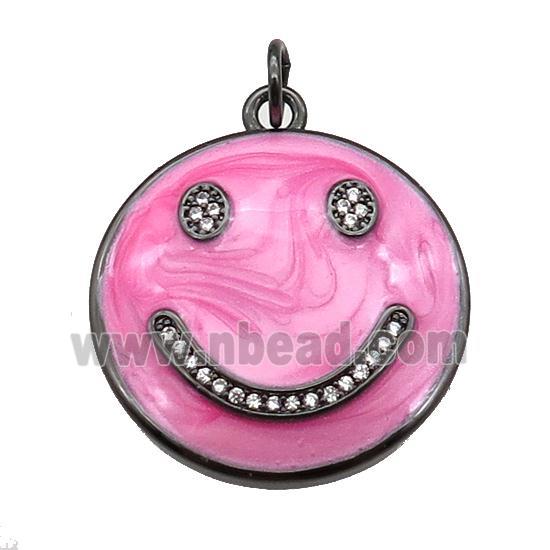 copper Emoji pendant paved zircon with pink enamel, happiness face, black plated