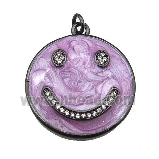 copper Emoji pendant paved zircon with lavender enamel, happiness face, black plated