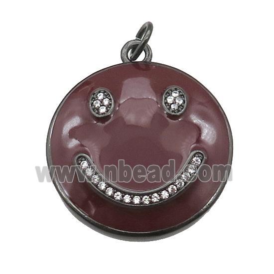 copper Emoji pendant paved zircon with darkred enamel, happiness face, black plated