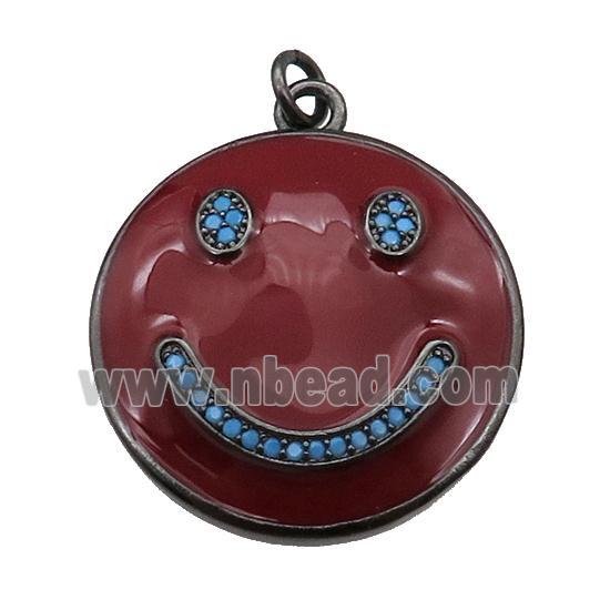 copper Emoji pendant paved zircon with red enamel, happiness face, black plated