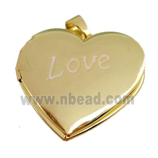 copper Heart Locket pendant with white enamel, LOVE, gold plated
