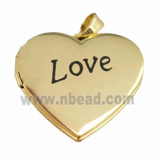 copper Heart Locket pendant with black enamel, LOVE, gold plated