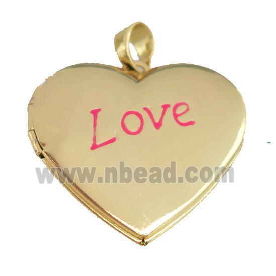 copper Heart Locket pendant with pink enamel, LOVE, gold plated