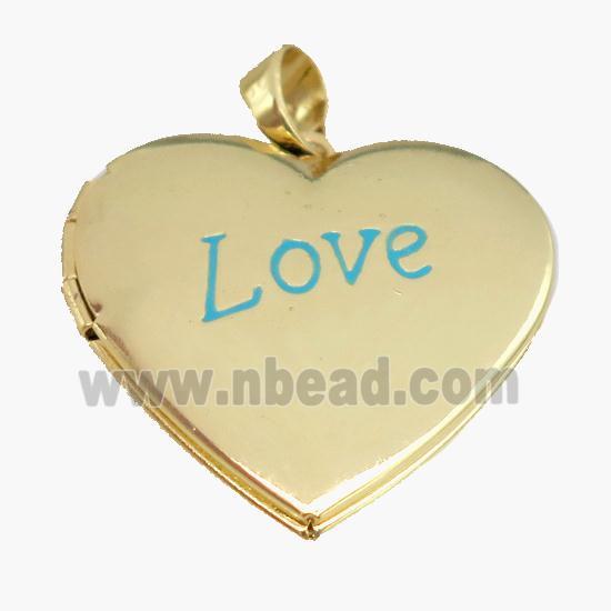copper Heart Locket pendant with blue enamel, LOVE, gold plated