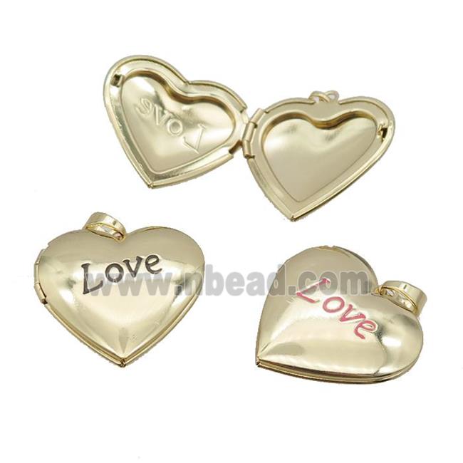 copper Heart Locket pendant with enamel, LOVE, gold plated, mixed