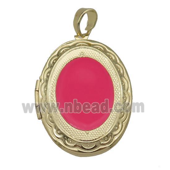 copper Oval Locket pendant with red enamel, gold plated