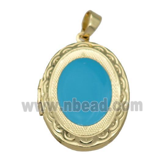 copper Oval Locket pendant with teal enamel, gold plated
