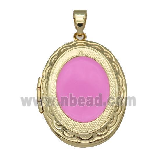 copper Oval Locket pendant with pink enamel, gold plated