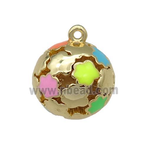 copper Ball sphere pendant with enamel flower, hollow, gold plated