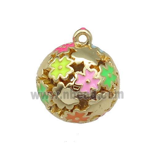 copper Ball pendant with enamel cross, hollow, gold plated