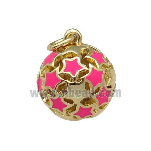 copper Ball pendant with hotpink enamel star, hollow, gold plated