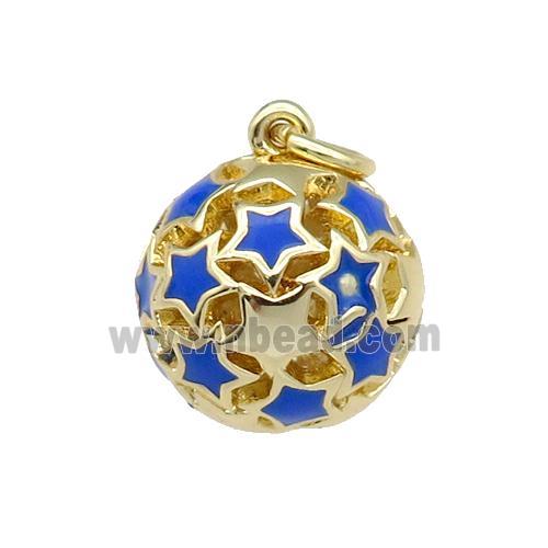 copper Ball pendant with blue enamel star, hollow, gold plated