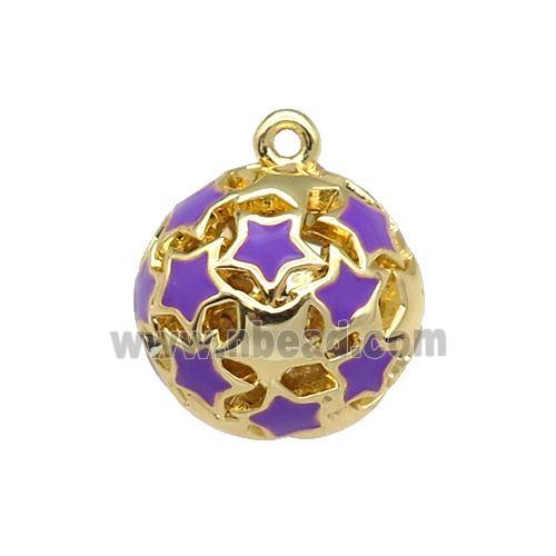 copper Ball pendant with purple enamel star, hollow, gold plated