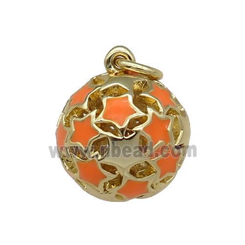 copper Ball pendant with orange enamel star, hollow, gold plated