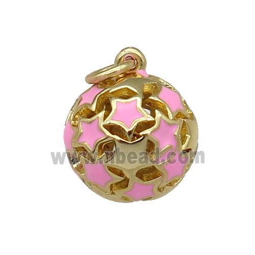 copper Ball pendant with pink enamel star, hollow, gold plated