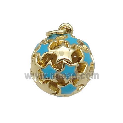 copper Ball pendant with teal enamel star, hollow, gold plated